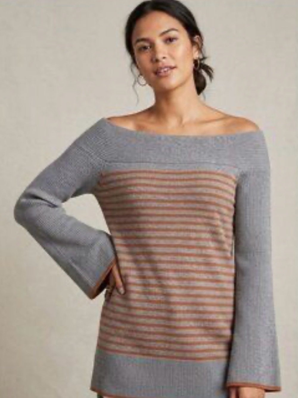Anthropologie Off-the-Shoulder Striped Knit Sweater in Gray and Tan